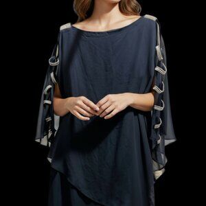 MSK Navy Blue/Silver Dress-Size XL-3/4 Length Sleeves-Cape Back-Cold Shoulder